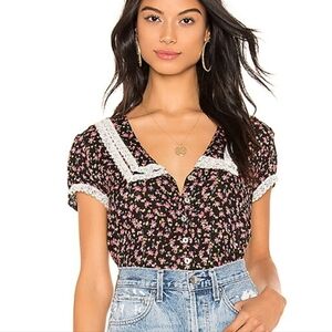 Free People Black Floral Lace-Trim Button Front Blouse